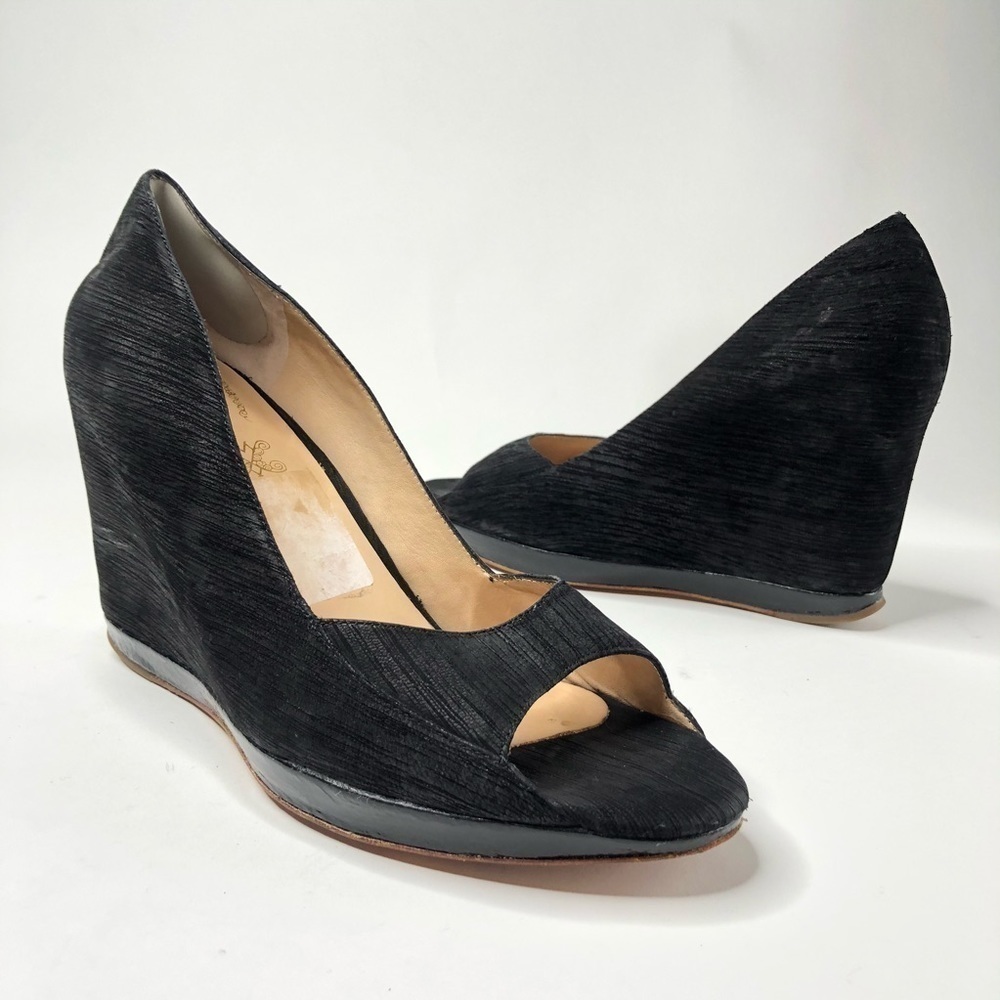 Modern VINTAGE Black Textured Suede Peep-toe Retro Velvet Wedge Shoes SIZE 10